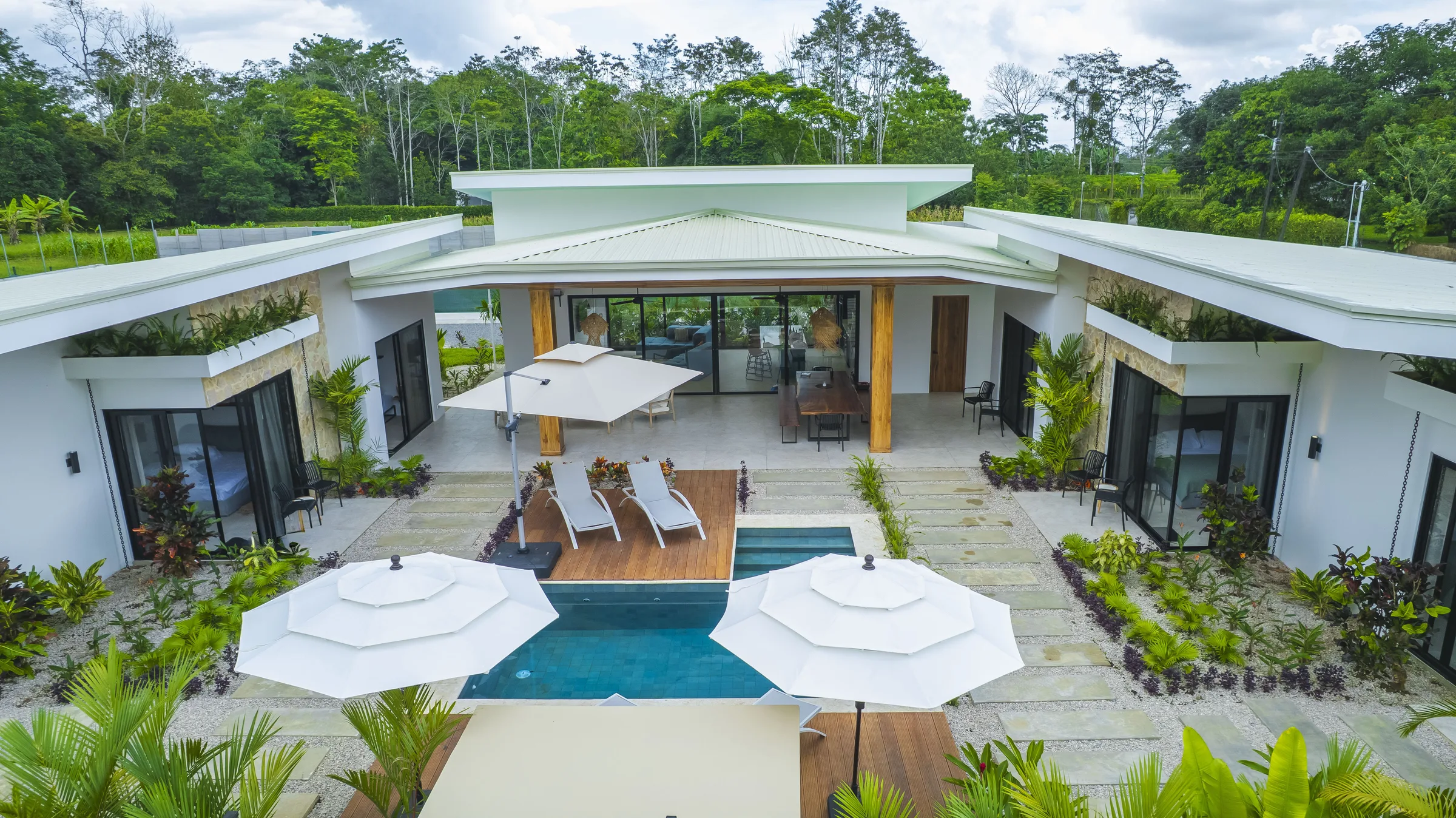 Aerial view of Villa Amara and its pool